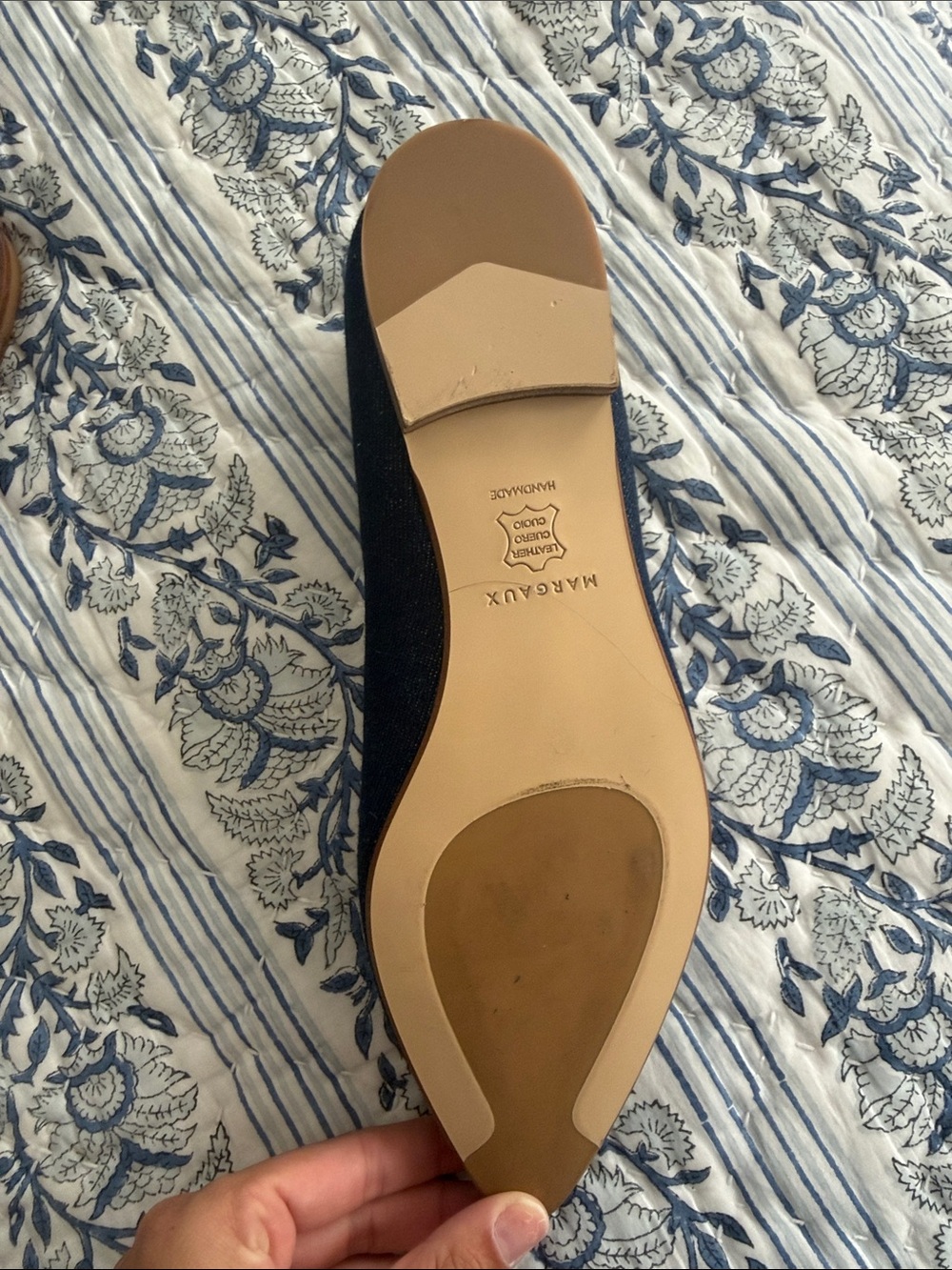 Never Worn Margaux Denim-Textured Navy Pointed-Toe Flats with Bow - Picture 2 of 3